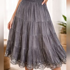 Cache Silver Metallic Boho Tiered Skirt S | Shimmer Crinkle Midi Festival Chic